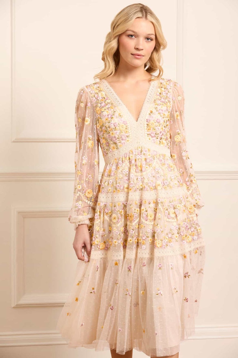 Garland Ribbon Midaxi Dress – Champagne | Needle & Thread