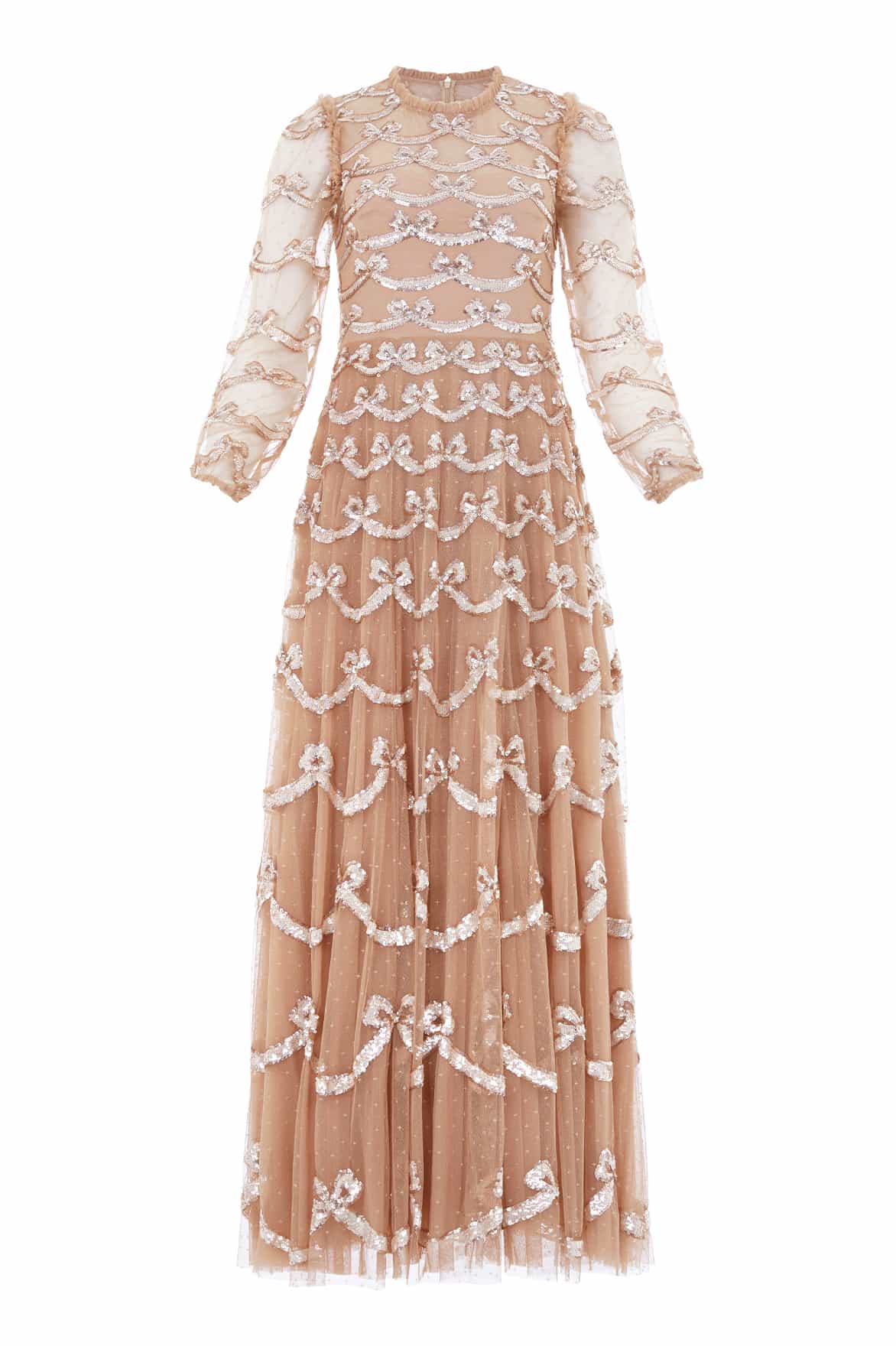 Bow Sequin Long Sleeve Gown – Beige | Needle & Thread