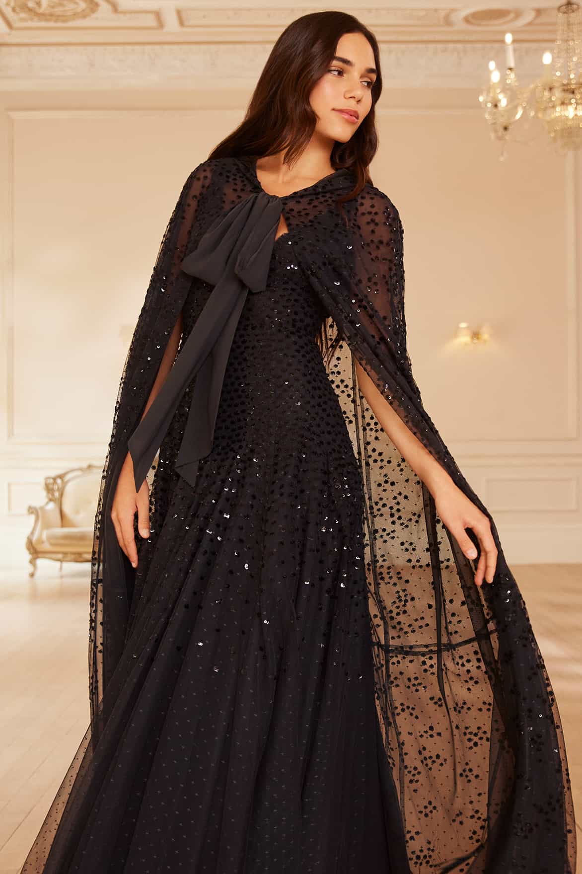 Dappled Sequin Hooded Long Cape – Black Needle Thread