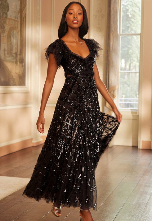 Floral Lattice Ruffle Gown – Black | Needle & Thread