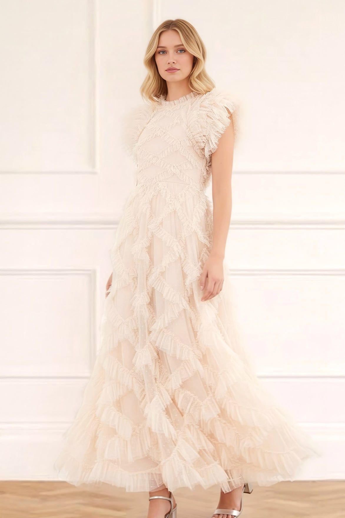 Genevieve Ruffle Gown – Champagne Needle Thread - Main Image
