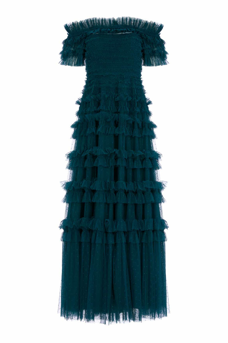 Lisette Ruffle Off Shoulder Gown – Green | Needle & Thread