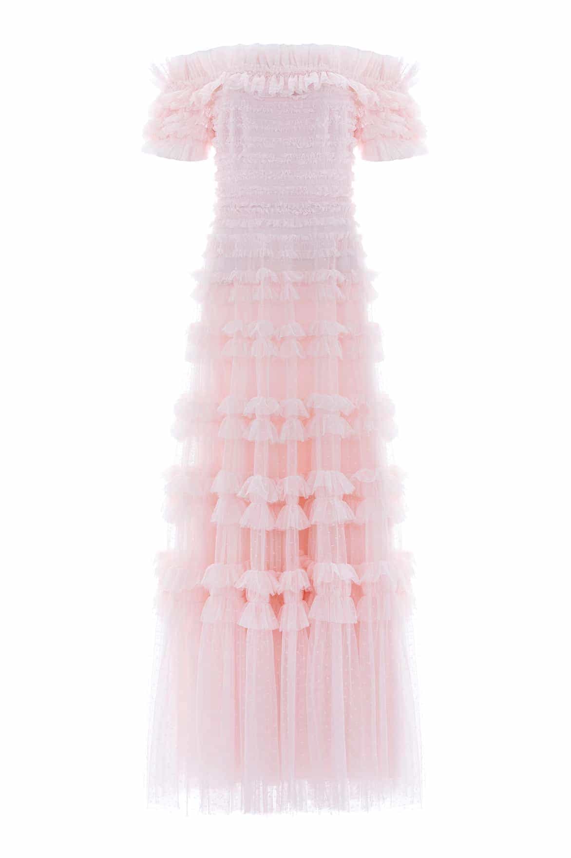 Lisette Ruffle Off Shoulder Gown – Pink | Needle & Thread