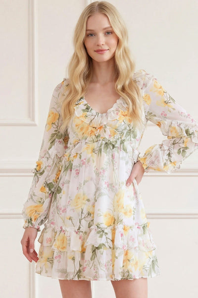 Rose Chiffon Long Sleeve Micro Mini Dress