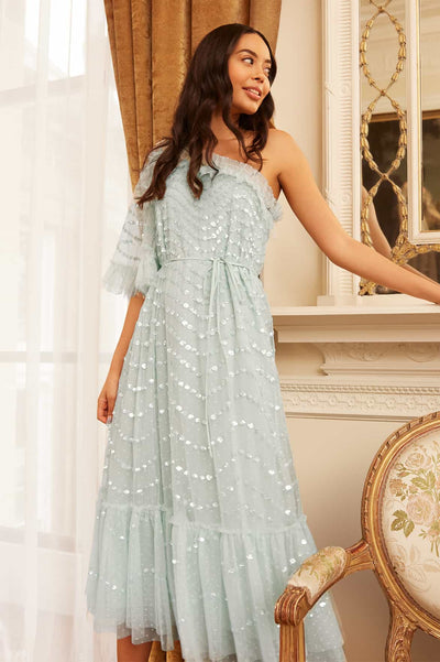 Shimmer Wave Gloss One-Shoulder Ballerina Dress