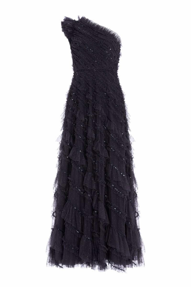 Spiral Sequin One-Shoulder Ankle Gown – Black | Needle & Thread