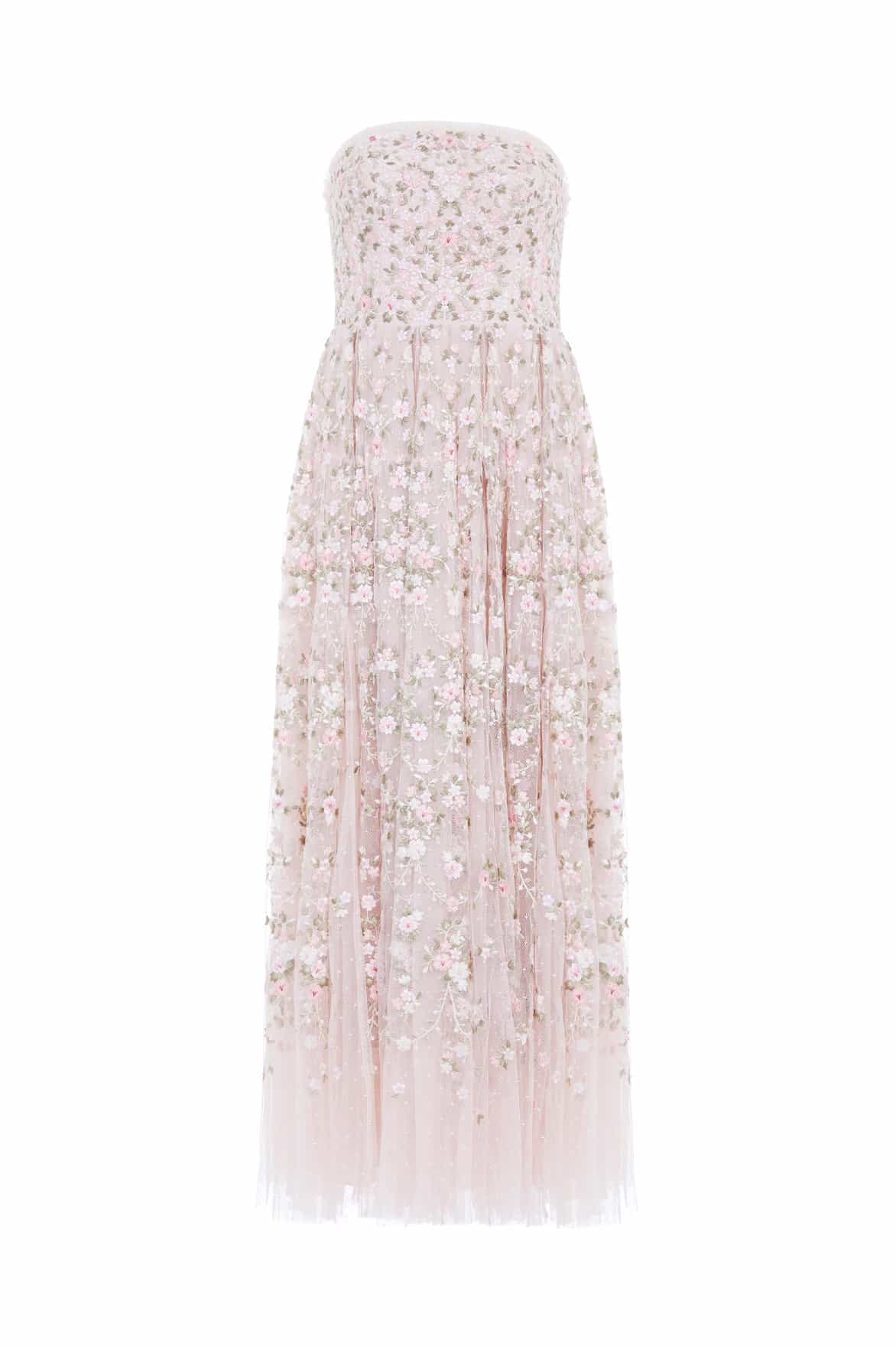 Victoria Ditsy Strapless Ankle Gown – Pink | Needle & Thread