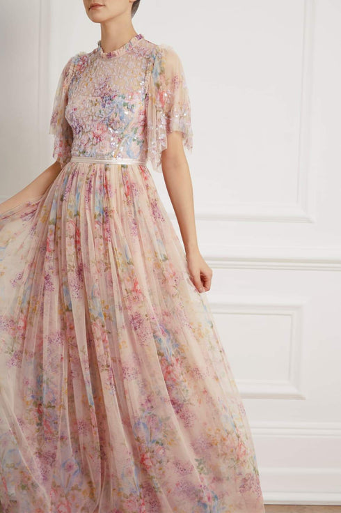 Floral Diamond Bodice Maxi Dress - Pink