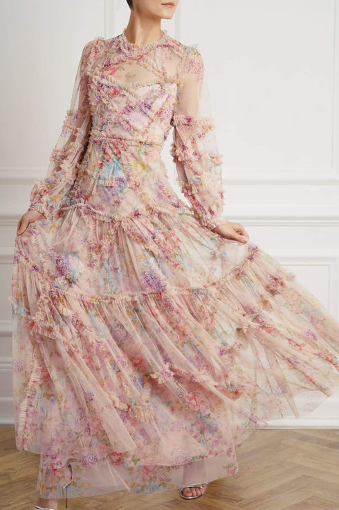 Floral Diamond Ruffle Gown - Pink
